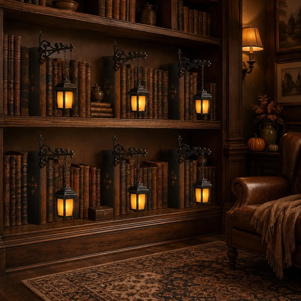 Vintage Library Lantern Bookshelf Lamp, LED Book Nook Decor Light（1/2/3/4 packs), LED Glow That Fits Neatly Into Book Gaps, Hanging Ornament Mini Wall Lantern Lamp for Book Lovers Home Shelf Decor