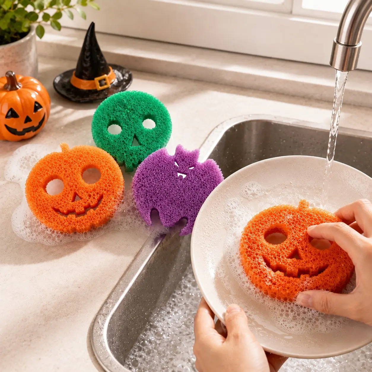 3-Pack Sponges Kitchen Sponges. Made from BPA-free polymer foam. Scratch-resistant and odor-resistant. Versatile for cleaning tableware and various household items. A Halloween essential.