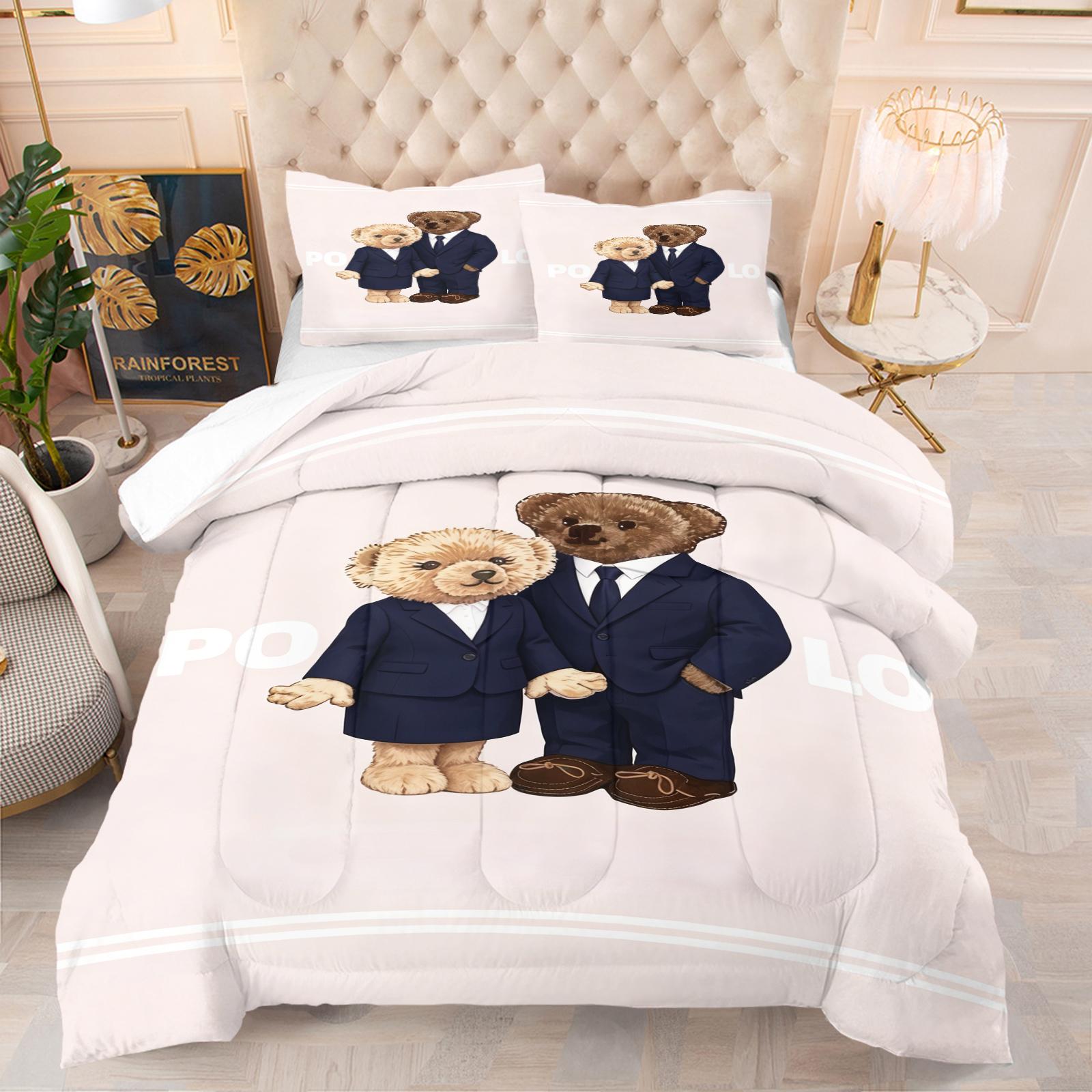 A set of small bear print bedding, including 1 quilt and 1 or 2 pillowcases without pillow inserts, soft bedroom decor gifts for children and adults