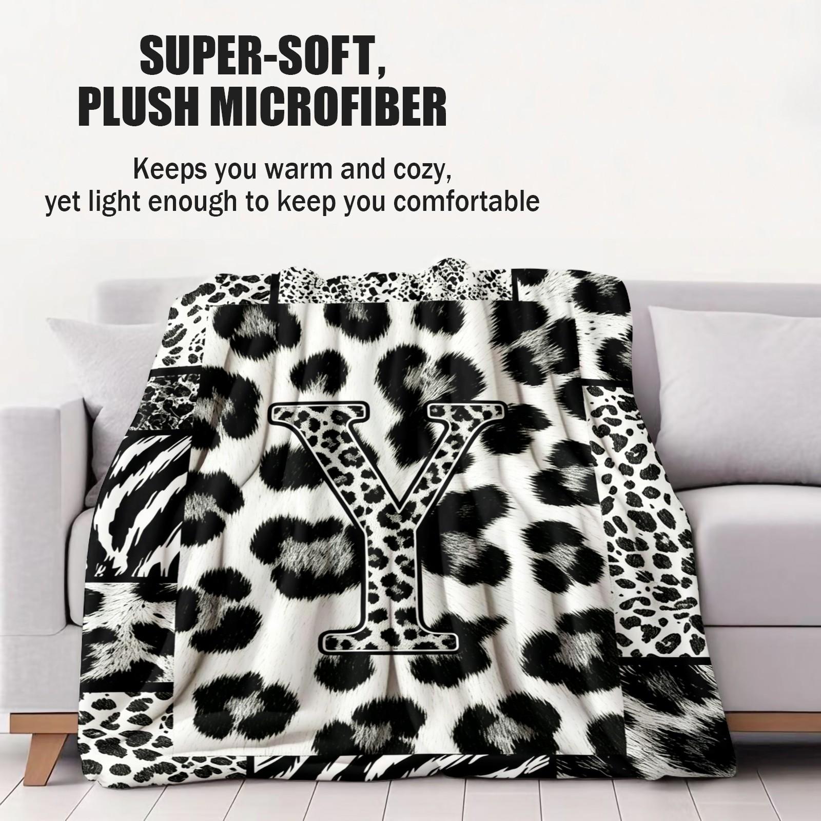 Custom Initial Animal Print Throw Blanket, Trendy Patchwork Visual Impact, Skin-friendly Breathable Lightweight, Perfect for Rental Bedroom Daily Use