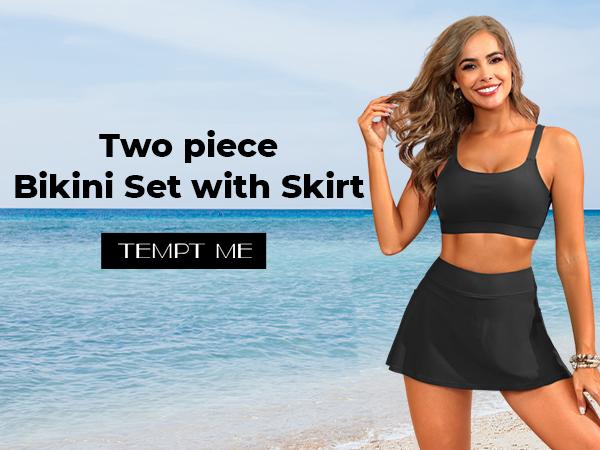 Tempt Me High Waisted Bikini with Skirt - Women Two Piece Swimsuit Skirted Bathing Suit Set with Pockets Swimwear
