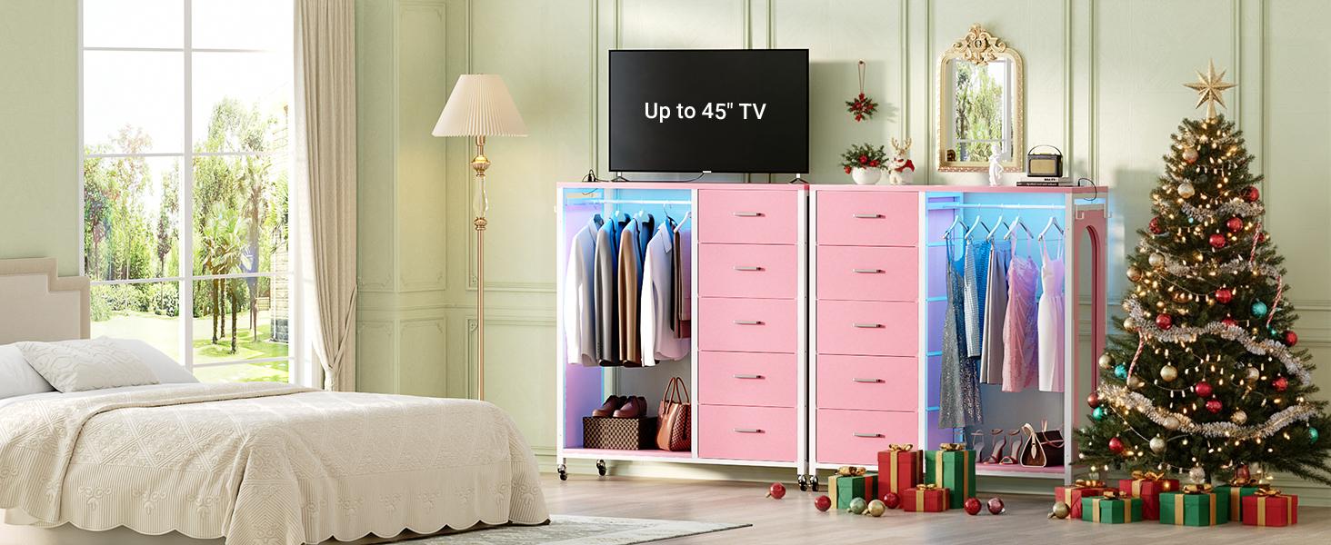Cyclysio 45'' Dresser with Clothes Rack & Mirror, 5 Fabric Drawers Dresser with Charging Station & LED Lights, Rolling Chest of Drawers with Wheels Cyclysio 45'' Dresser with Clothes Rack & Mirror, 5 Fabric Drawers Dresser with Charging Station & LED Lights, Rolling Chest of Drawers with Wheels