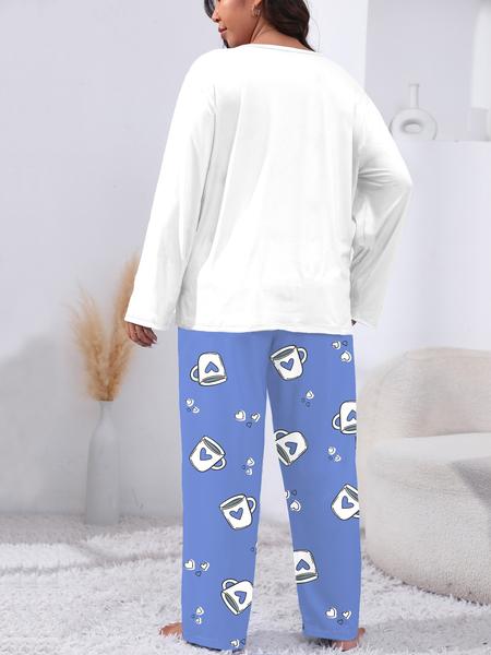 Plus Size Heart Coffee Letter Print Comfortable 2-Piece Pajama Set, Long Sleeve Top & Pants, Casual Fitted Sleepwear & Loungewear for All Seasons