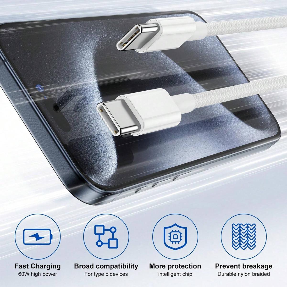 New Type-C Fast Charging Data Sync Cable, 60w Quick Charger, Compatible with iPhone 16 Pro Max/15, Samsung S24, iPad, Macbook, Durable High-Efficiency Data Transfer