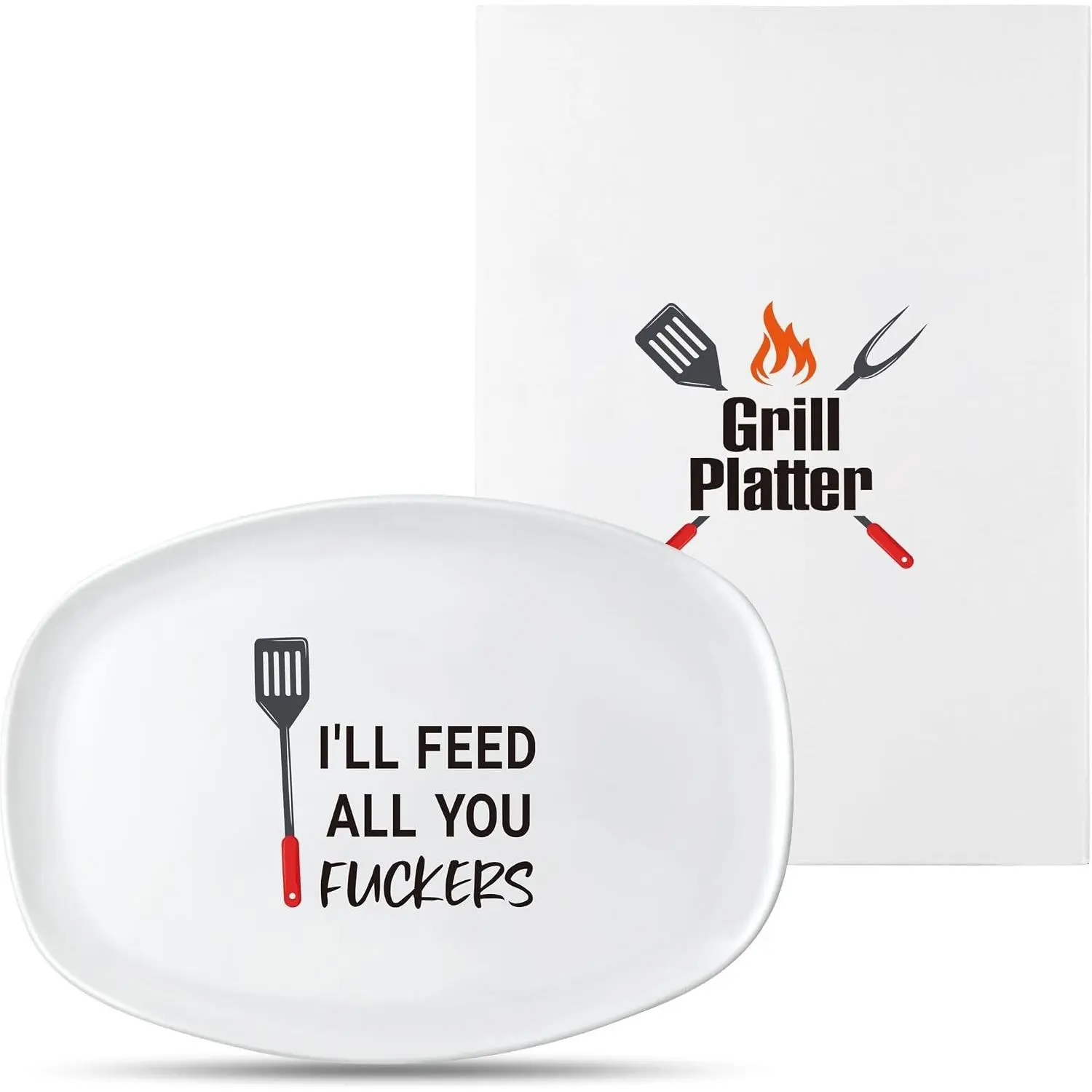 R HORSE Funny Melamine Grill Platter Gift, Barbecue White Oval Serving Tray | Christmas, New Year, Birthday Gift for Men, Dad, Boyfriend, Ideal for Appetizer Dessert Charcuterie Outdoor Indoor Party