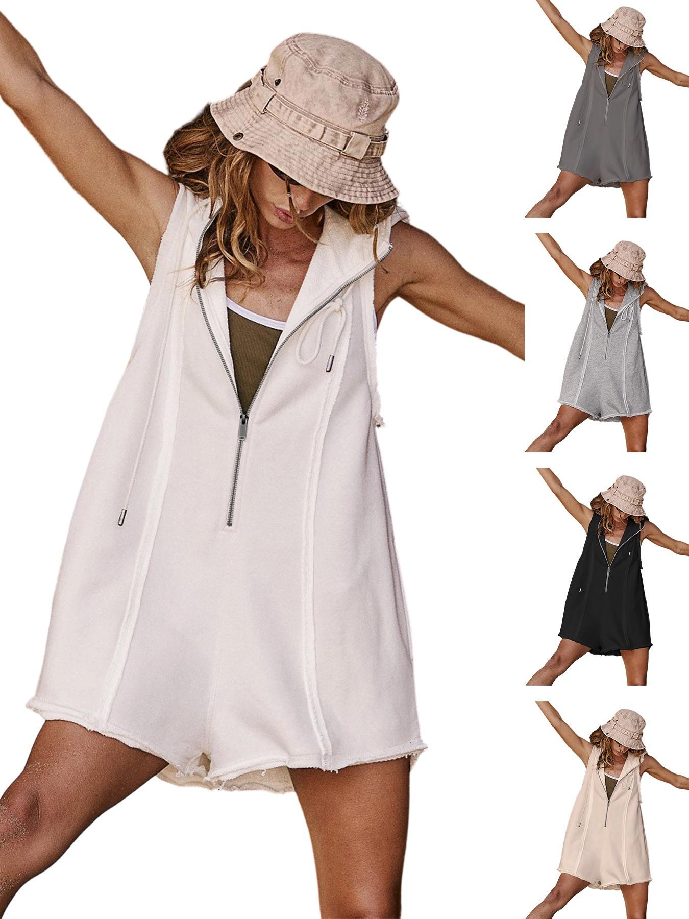 Women's Sleeveless Half Zip Hooded Romper, Loose Fit Raw Hem, Summer Casual Chic One Piece Shorts, Plain Surface, Basic, All Seasons