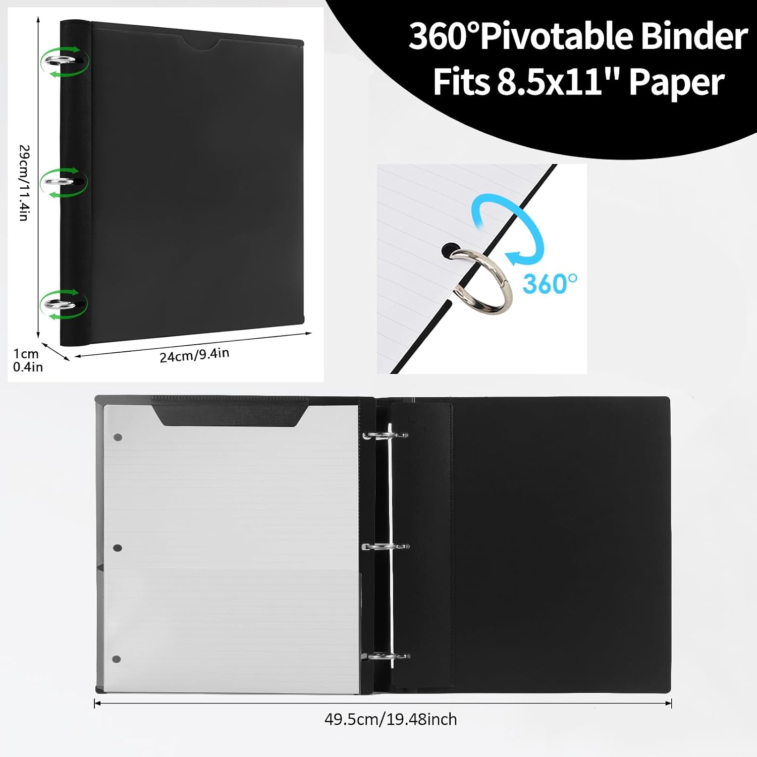 360  Pivotable Binder, Upgraded 3 Ring Binder 1 inch, Flexible Binders 3 Ring, Foldable Three Ring Binders- Black