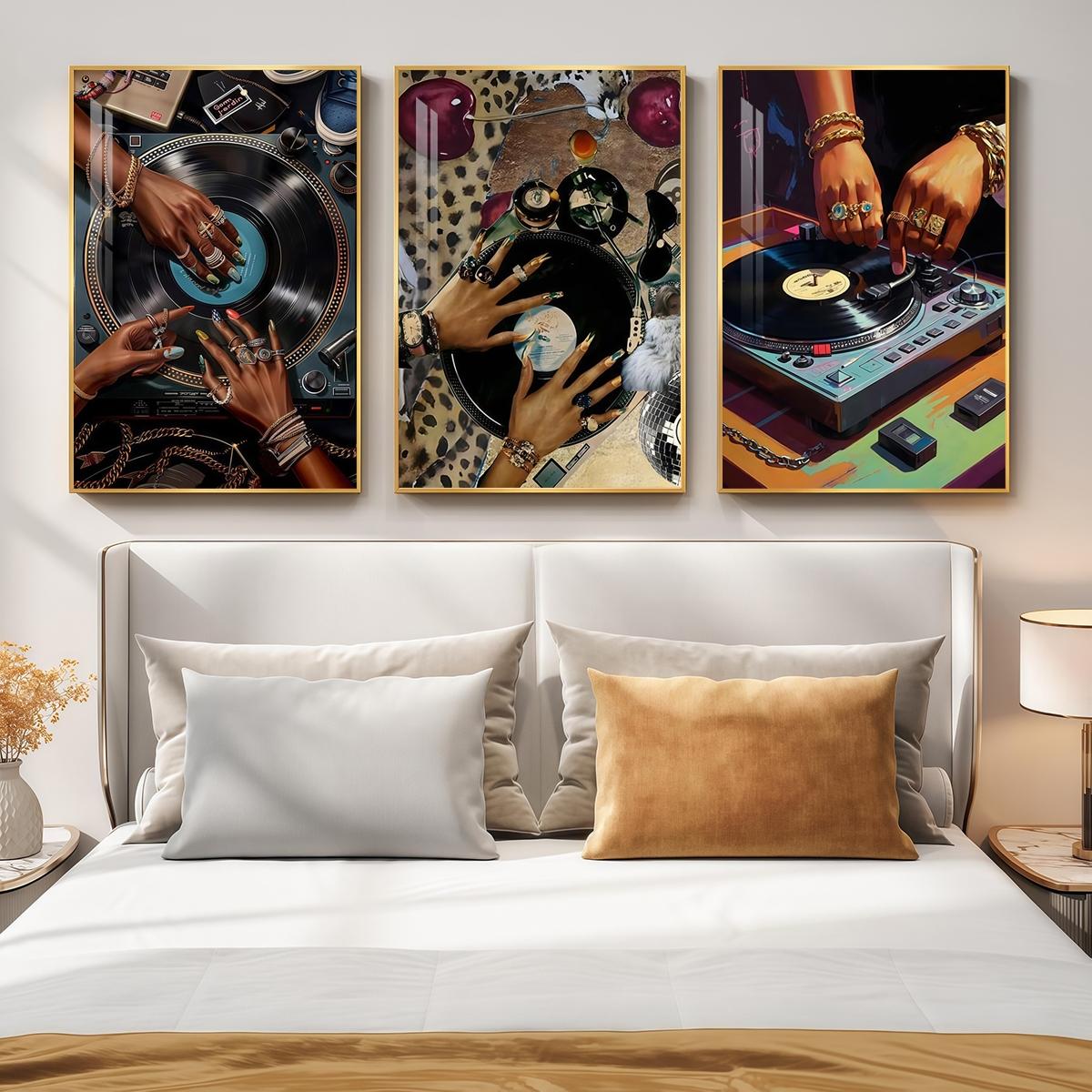 3 Counts Aluminum Alloy Framed Painting, Stylish DJ Vinyl Record Player Art Picture, Home Decoration For Living Room, Bedroom, Office, Restaurant, Hallway Wall Decor, Odorless Print Artwork, Luxury Perfect Gift For Friends And Family