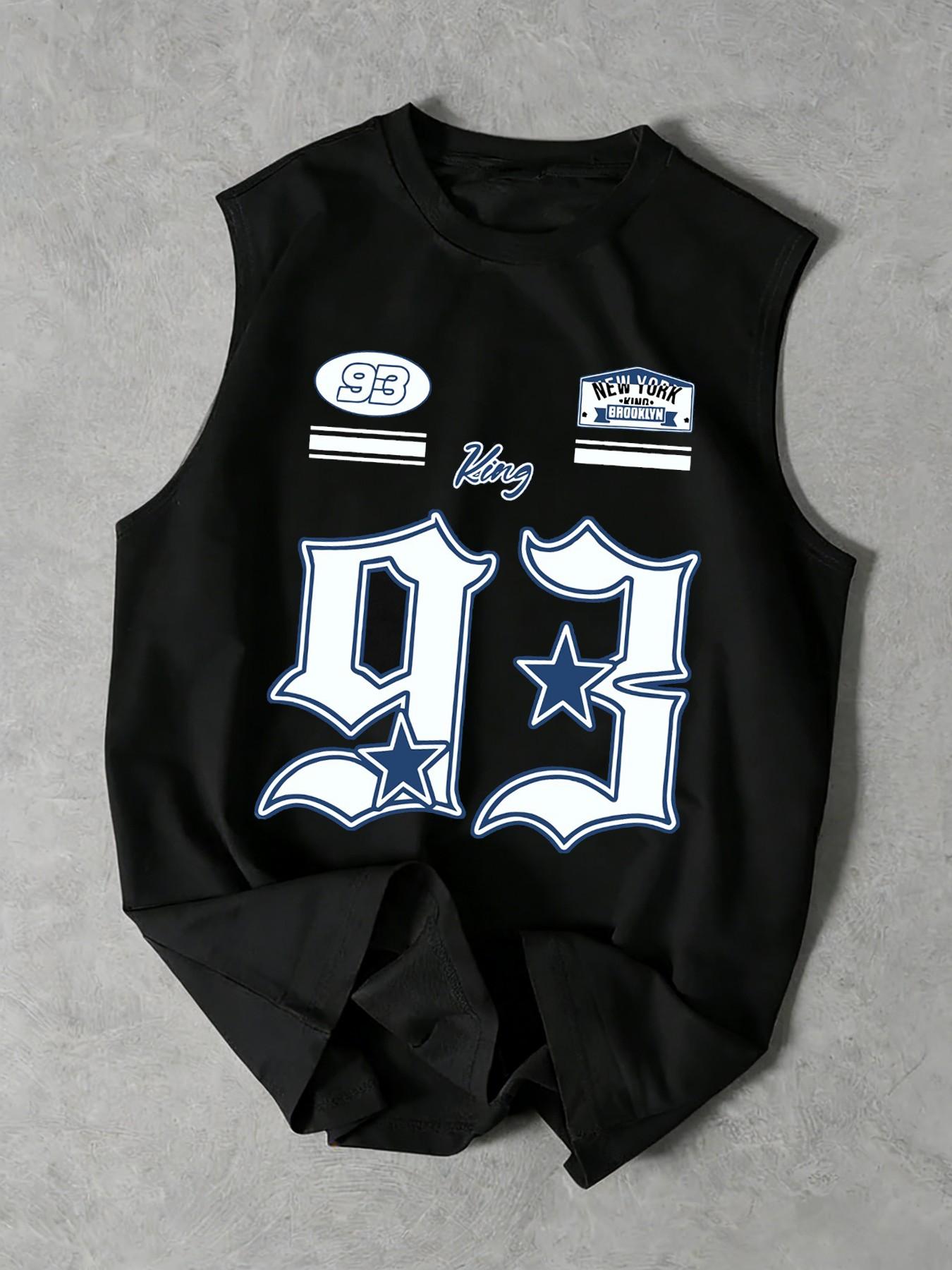 Men's Fashion Back Print Round Neck Wide Shoulder Vest, Casual Loose Fit, Plain Pattern, Perfect for Daily Wear