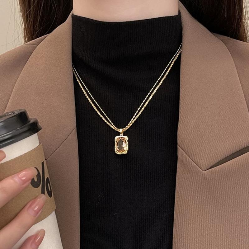 Layered Cube Necklace - Double Chain Pendant Jewelry for Women