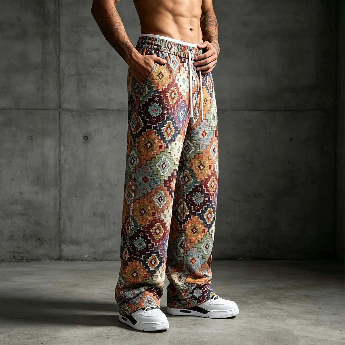 Men Ethnic Geometric Tapestry Drawstring Wide Leg Pants, Elastic Waist Loose Straight Casual Trousers, Retro Tribal Aztec Pattern Street Bottoms, Jacquard Relax Fit Sweatpants for Spring Autumn Hip Hop Daily Outfits