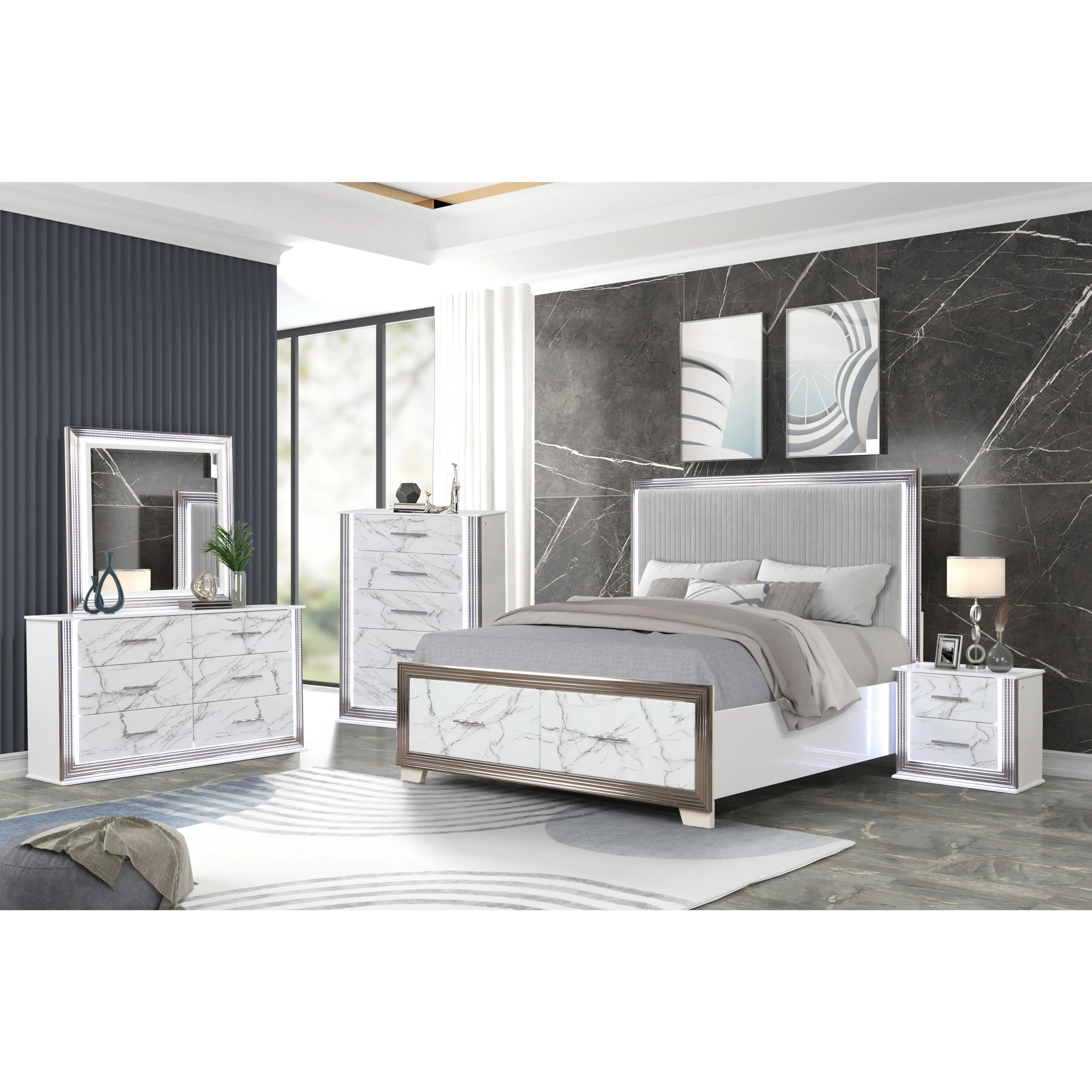 Queen 5-Piece Bedroom Set with LED Upholstered Bed, Storage Footboard, Dresser, Mirror, Nightstand and Chest in White with Marble-Patterned Accents
