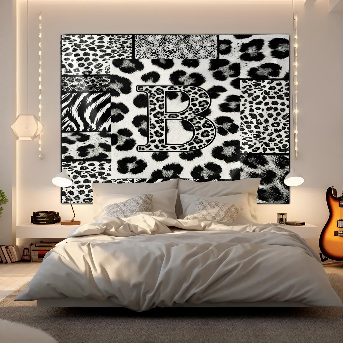 Personalized Initial Wall Tapestry, Retro Leopard Print Patchwork, Easy Care Good Shading, Suitable for Living Room Rental Wall Decor