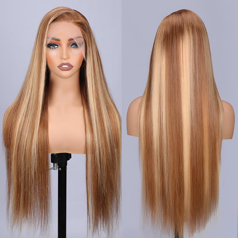 Pizazz Hair 13x6 Ombre Highlight Lace Front Wigs Human Hair with Baby Hair 220 Density 4/27 Honey Blonde straight Lace Frontal Wigs Human Hair