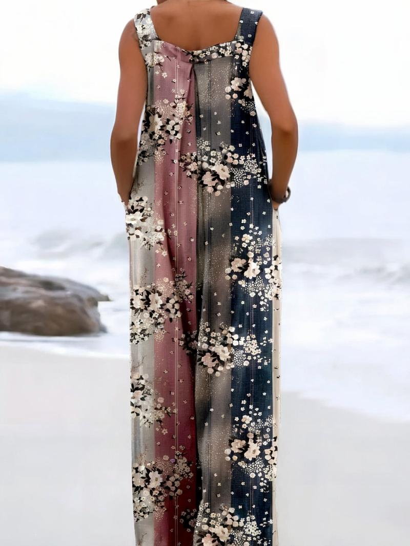 Plus Size All Over Print Button Design Overall Jumpsuit, Boho Sleeveless Wide Leg Jumpsuit for Beach Holiday Vacation, Women's Clothes for Summer