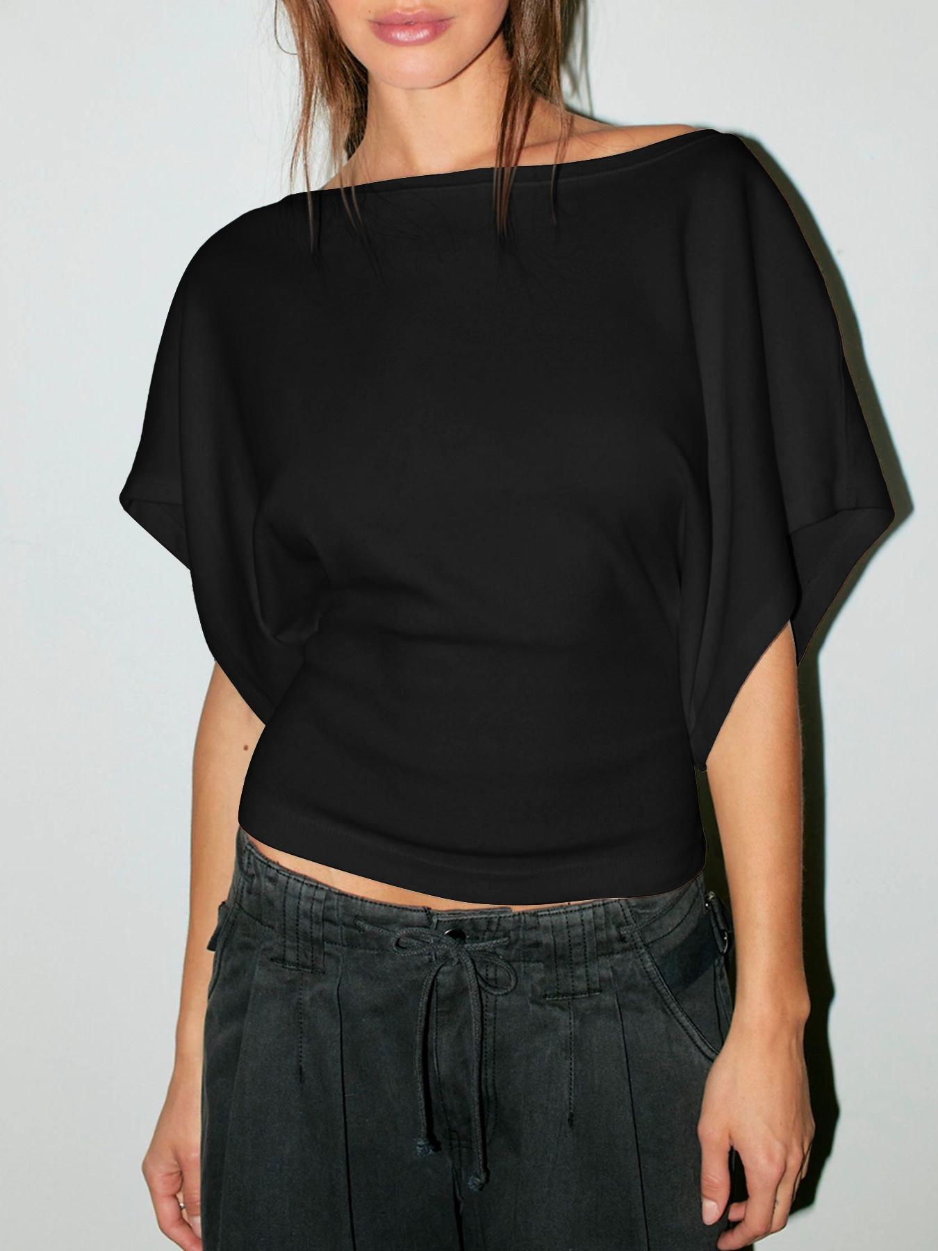 Women's Summer New Batwing Sleeve Waist Cinched Fit Top, Fashion Y2K Boat Neck Knit Sweater, Versatile Daily Wear Basic Tee