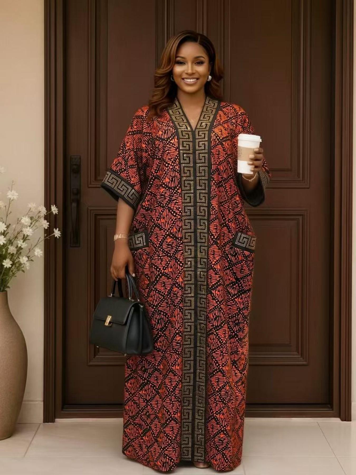 Hot selling plus size loose ethnic women's boubou kaftan high-end hot stamping printing V-neck short sleeved summer casual daily slimming retro party dress