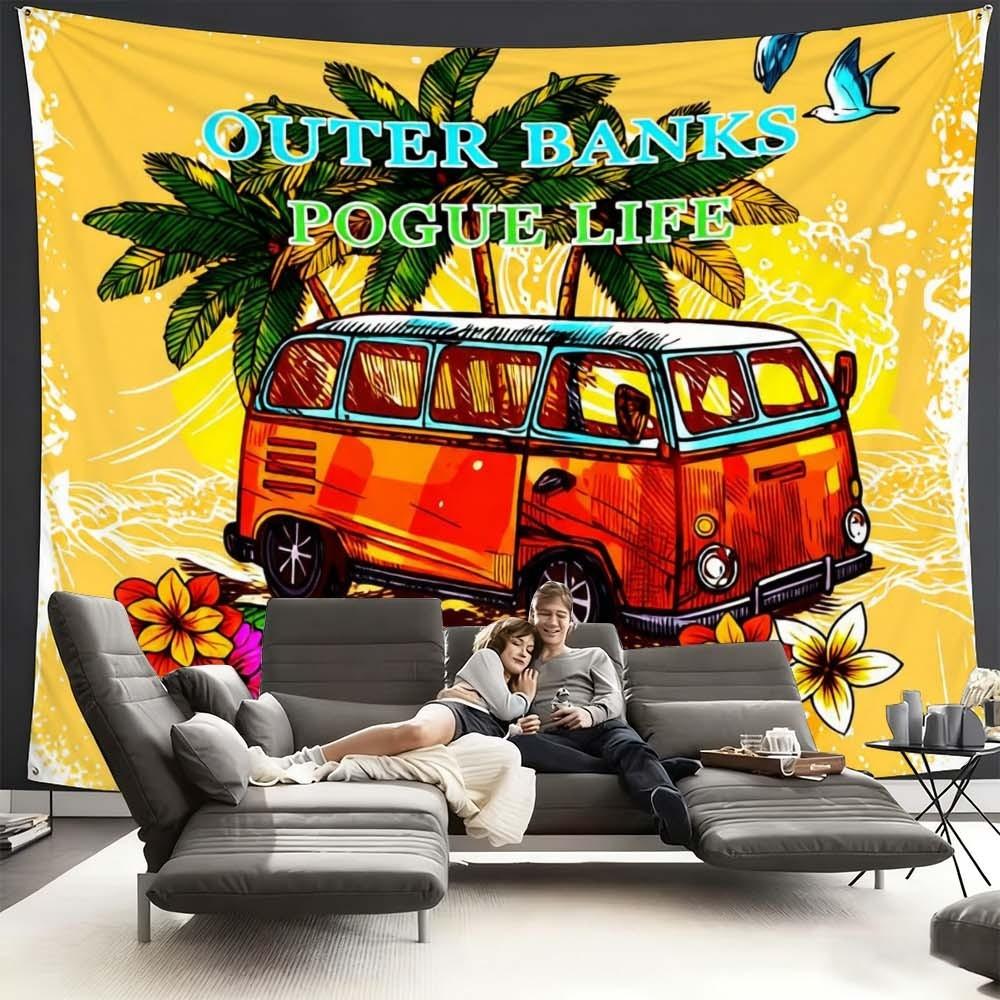 1PC colorful tropical themed wall hanging for living rooms bedrooms and events retro van and palm tree design great for celebrations and gatherings festive atmosphere enhancement lightweight decorative fabric for home holidays parties