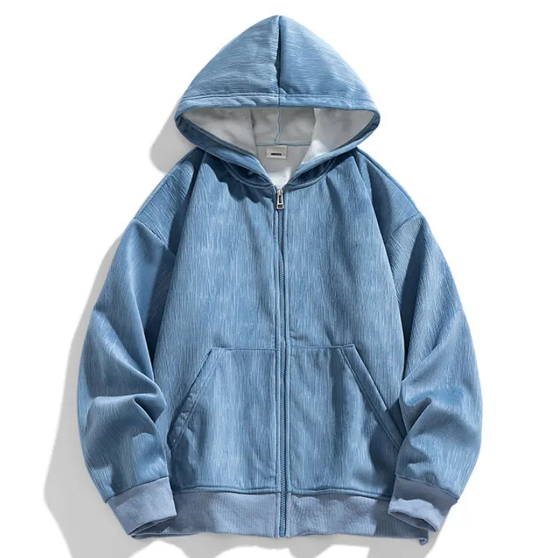 Men's Textured Fabric Full-Zip Hooded Jacket - Menswear Long-Sleeve Antibacterial Tops, Loose Drop-Shoulder Sweatshirt Coat with Kangaroo Pocket, Casual Oversized Outerwear for Spring Autumn Daily Commuting