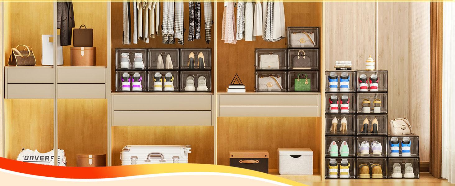 7CODE Thicken & Sturdy 12 Pack Stackable Shoe Organizer White Plastic Storage Box for Sport Sneaker Display Upgraded Sturdy Shoe Container Room Set