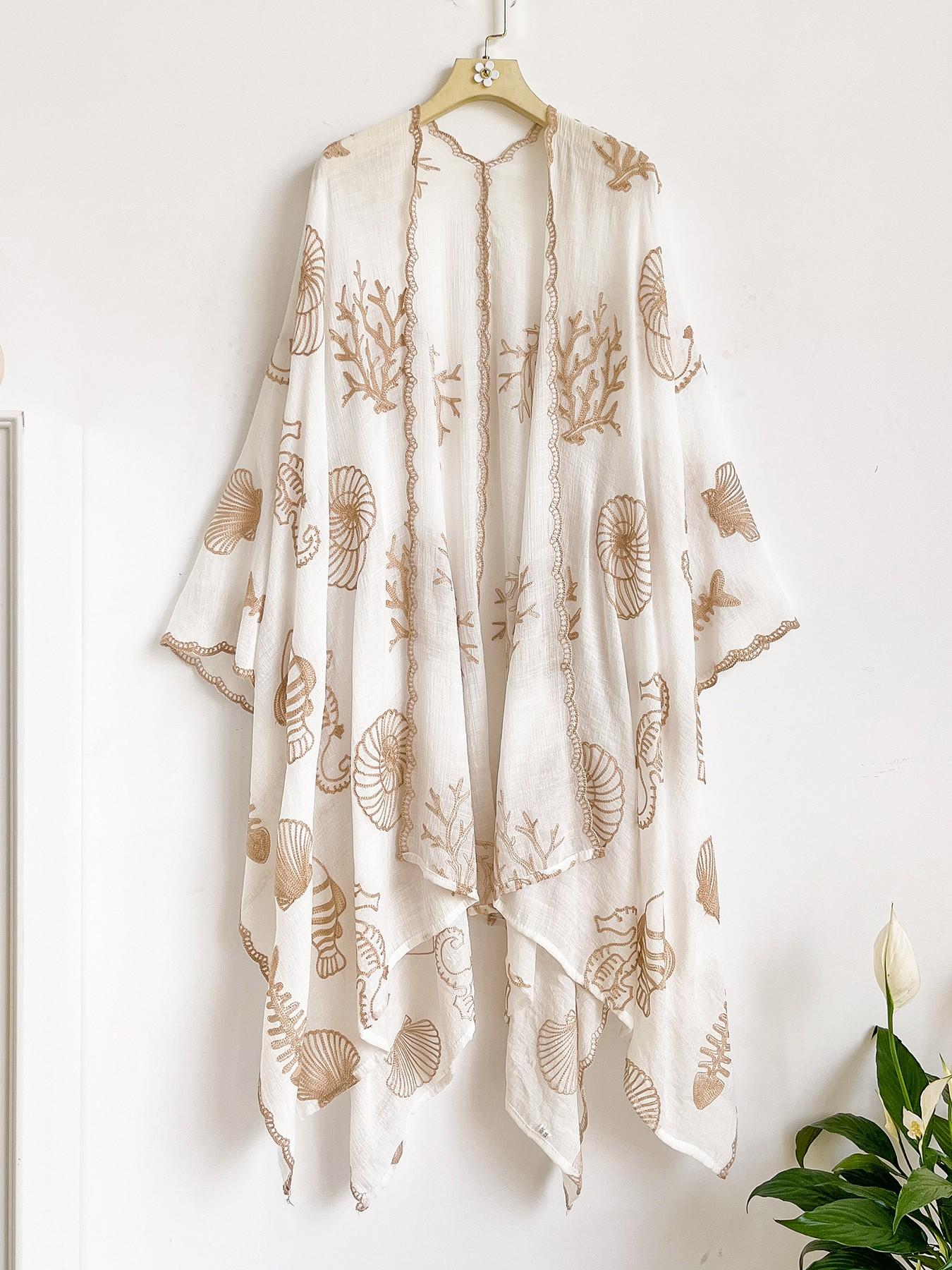 Boho Ocean Embroidered Split Scarf, Loose Fit Elegant All-Season Style, Perfect for Beach Vacations, Commuting and Dates