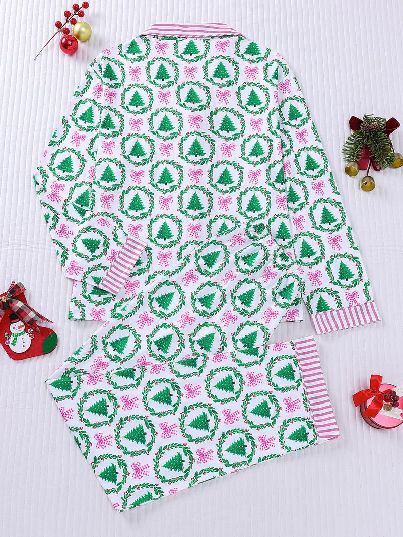 2-piece set full of bow garlands, Christmas tree prints, Christmas long sleeves, long pants, striped cuffs, collar, top, small pockets, elastic waistband, button closure, suitable for all seasons home wear, Loungewear, pajamas
