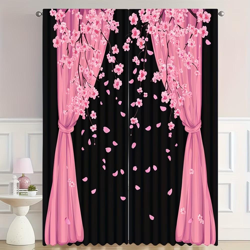 2-piece Pink Cherry Blossom Drifting Petal Romantic Semi-Transparent Polyester Curtains with Rod Installation. Featuring high-definition digital printing and machine-washable fabric, they are ideal for bedrooms, boudoirs, Japanese tea rooms, and cherry bl