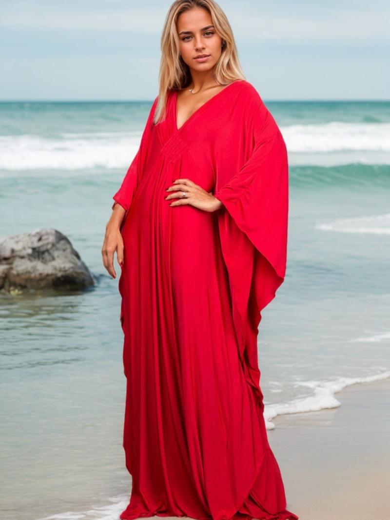 Women's Kaftan Dresses, Plus Size Bathing Suit Cover Up, V-Neck Batwing Design, Loose Fit Moroccan Style Mumu Dress, Batwing Sleeve Kaftan