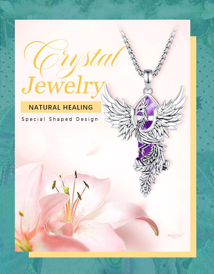 Natural Crystal Phoenix Necklace, Silver Bird of Rebirth Pendant, Healing Amethyst Pink Quartz, Handmade Spiritual Jewelry for New Beginnings