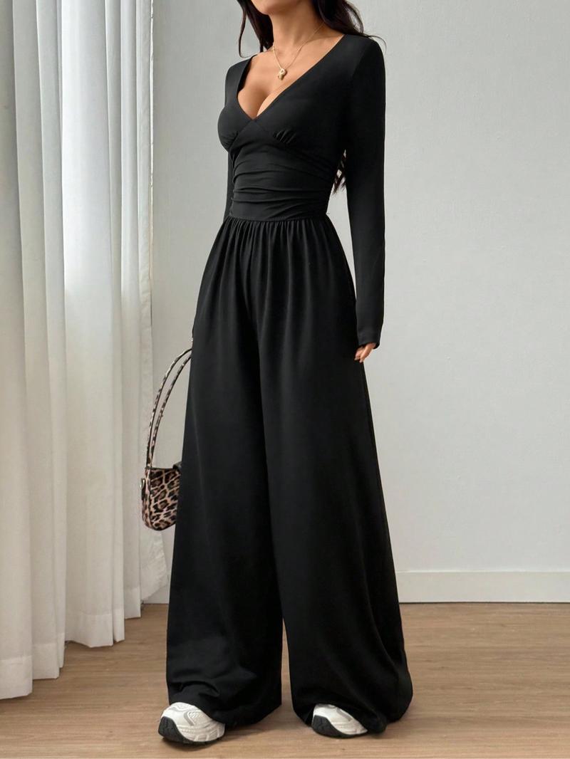 Women's Fall Winter Knitted Solid Color Wide Leg Jumpsuit, Fashionable High Waist Ruched Design, Versatile Casual