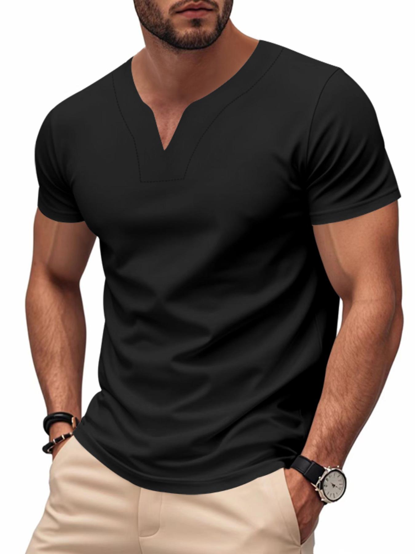 Men's Solid Color V Neck Tee, Regular Fit Casual Quick-dry Skin-friendly Short Sleeve T-shirt for Summer, Men's Top for Daily Wear, Tropical