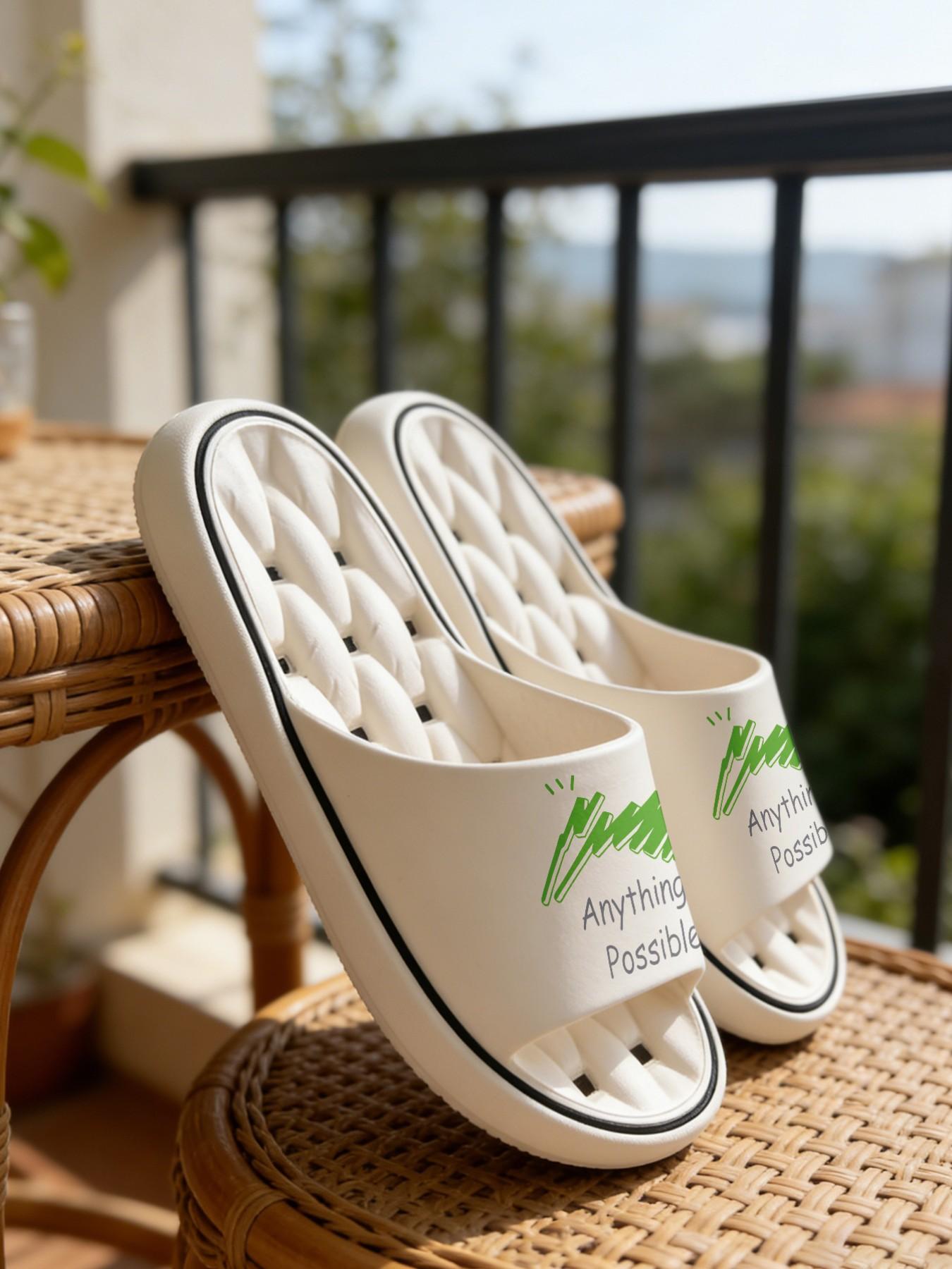 1 Pair Inspirational Slogan Bamboo Themed Printed Hollow Massage Thick Sole Slippers, Minimalist Fresh Style, Non-slip Soft Sole, Quick-dry for Bathroom, Indoor & Outdoor Dual-use, Open Toe Slides, Bathroom Casual Slippers