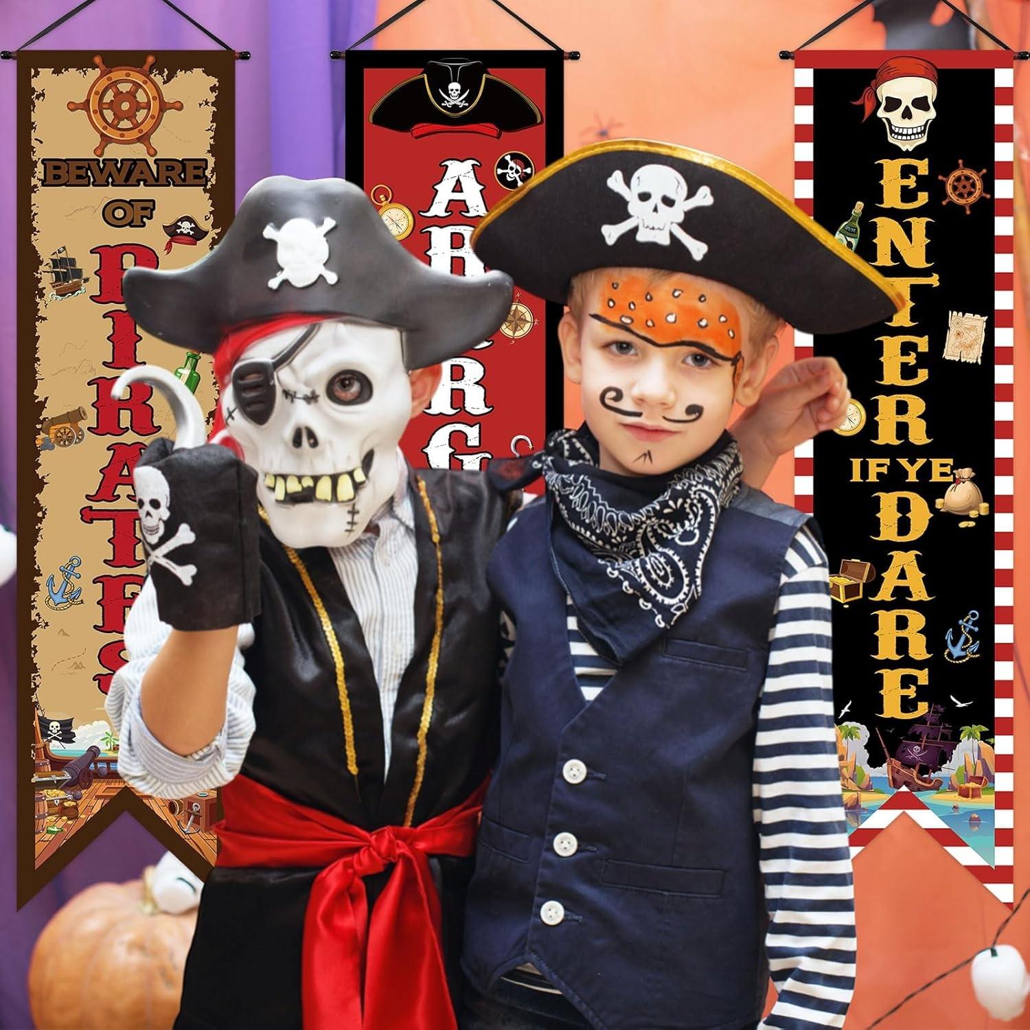 3 Pcs Pirate Banners, Beware of Pirate Porch Sign, Treasure Hunt Hanging Flags, Halloween Party Decorations, Birthday Photo Props