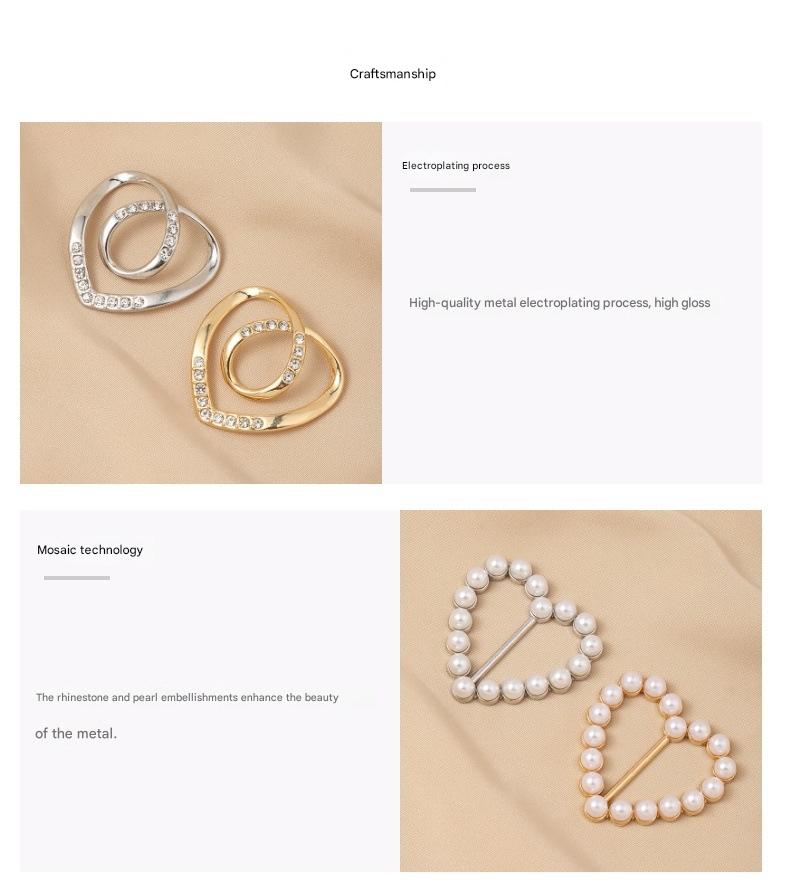 Hem knotting, heart-shaped pearl and rhinestone buckle, scarf buckle, versatile fastener for shirts and T-shirts.