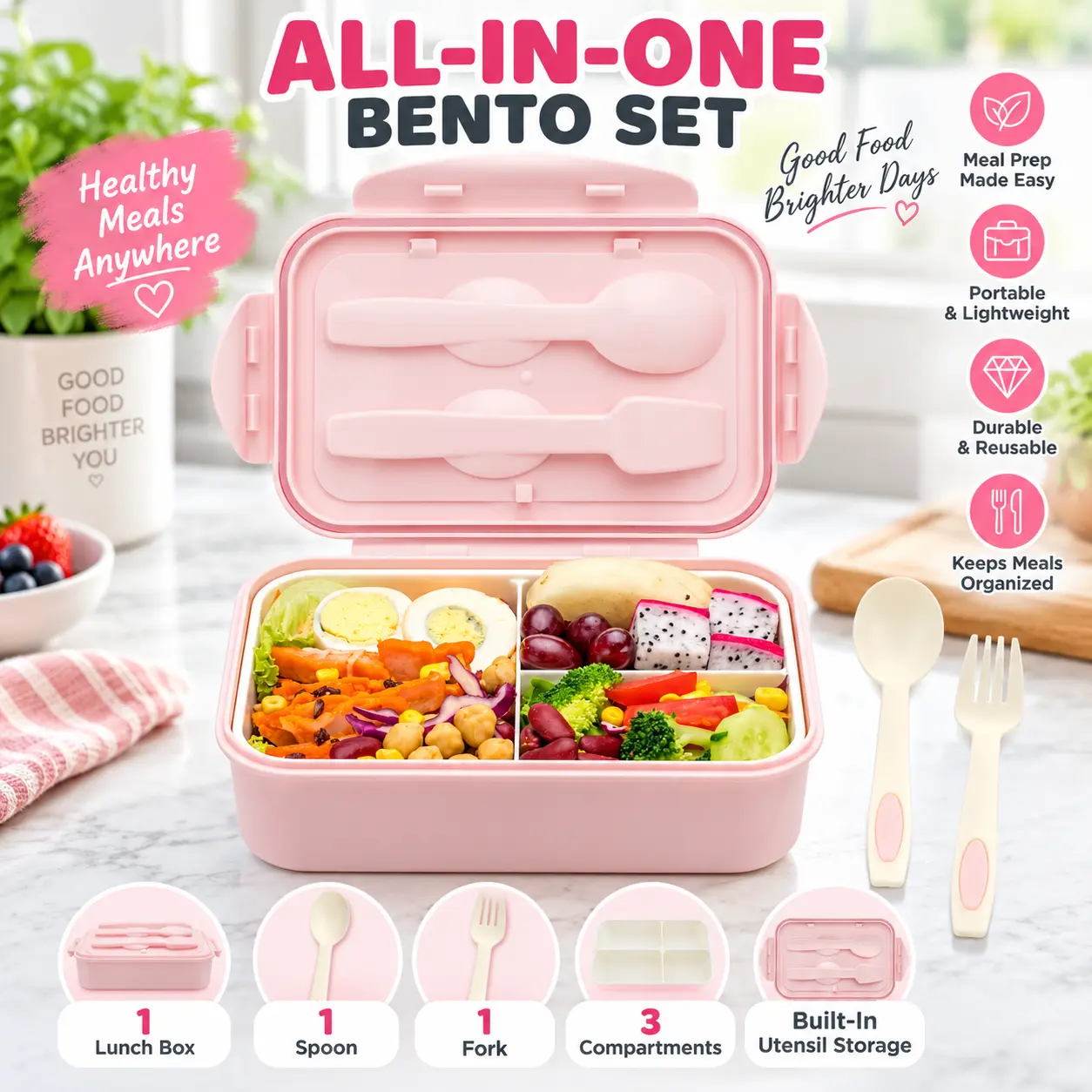 1100ml Bento Lunch Box - BPA-Free Food-Safe Durable Kitchenware for Adults, Includes Cutlery (Spoon & Fork), Ideal for On-the-Go Meals