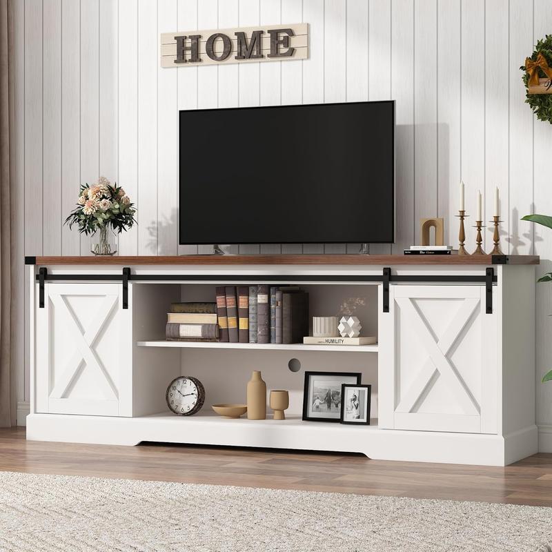 Farmhouse Fireplace TV Stand / Farmhouse TV Stand for 70/75/80 Inch TV, 70 inch Entertainment Center Storage Cabinets with 36”Electric Fireplace and Sliding Barn Doors, Media Console Cabinet for Living Room