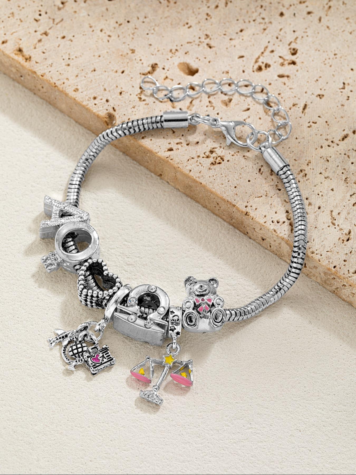 Elegant Bear Zodiac Pendant Necklace Bracelet Set, Zircon Heart Letter Jewelry for Women, Perfect Gift for Holidays Birthdays, Zirconia Jewelry Set