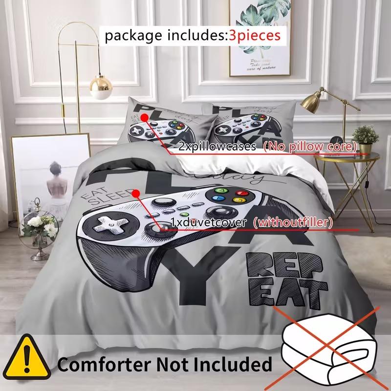 3-Piece Gaming Controller Bedding Set, Breathable Polyester, Zippered Closure, Digital Print, Soft Material, Dorm Decor
