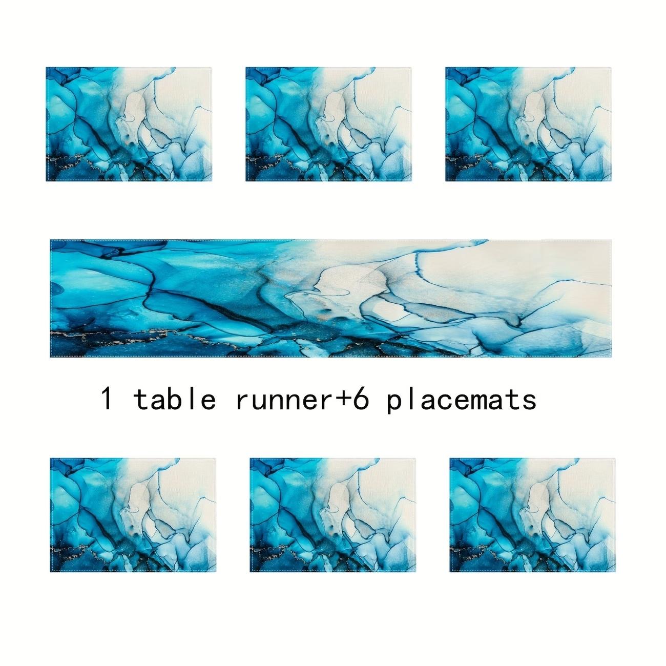 2D flat printing, 5-piece set/7-piece set table flag, dining mat, blue turquoise marble tablecloth, modern marble texture tablecloth, suitable for restaurant kitchen, wedding, holiday, party table decoration