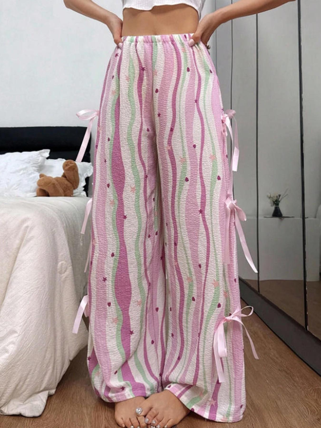 Women's Multicolor Striped Plaid Wide Leg Pants, Side Bow Tie Long Pants, Sweet Heart Star Print Casual Trousers, Bottoms