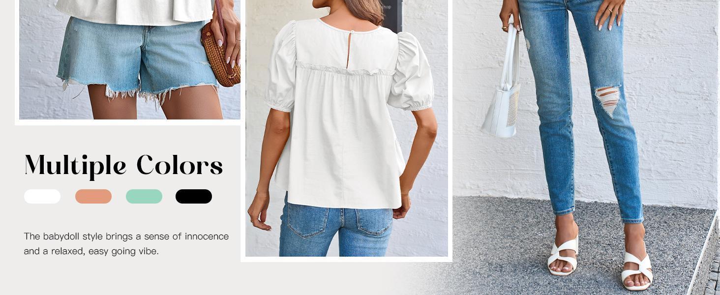 Beotyshow Womens Puff Sleeve Peplum Babydoll Tops Summer Smoked Pleated Cotton T-Shirts Casual Loose Fit Flowy Blouse