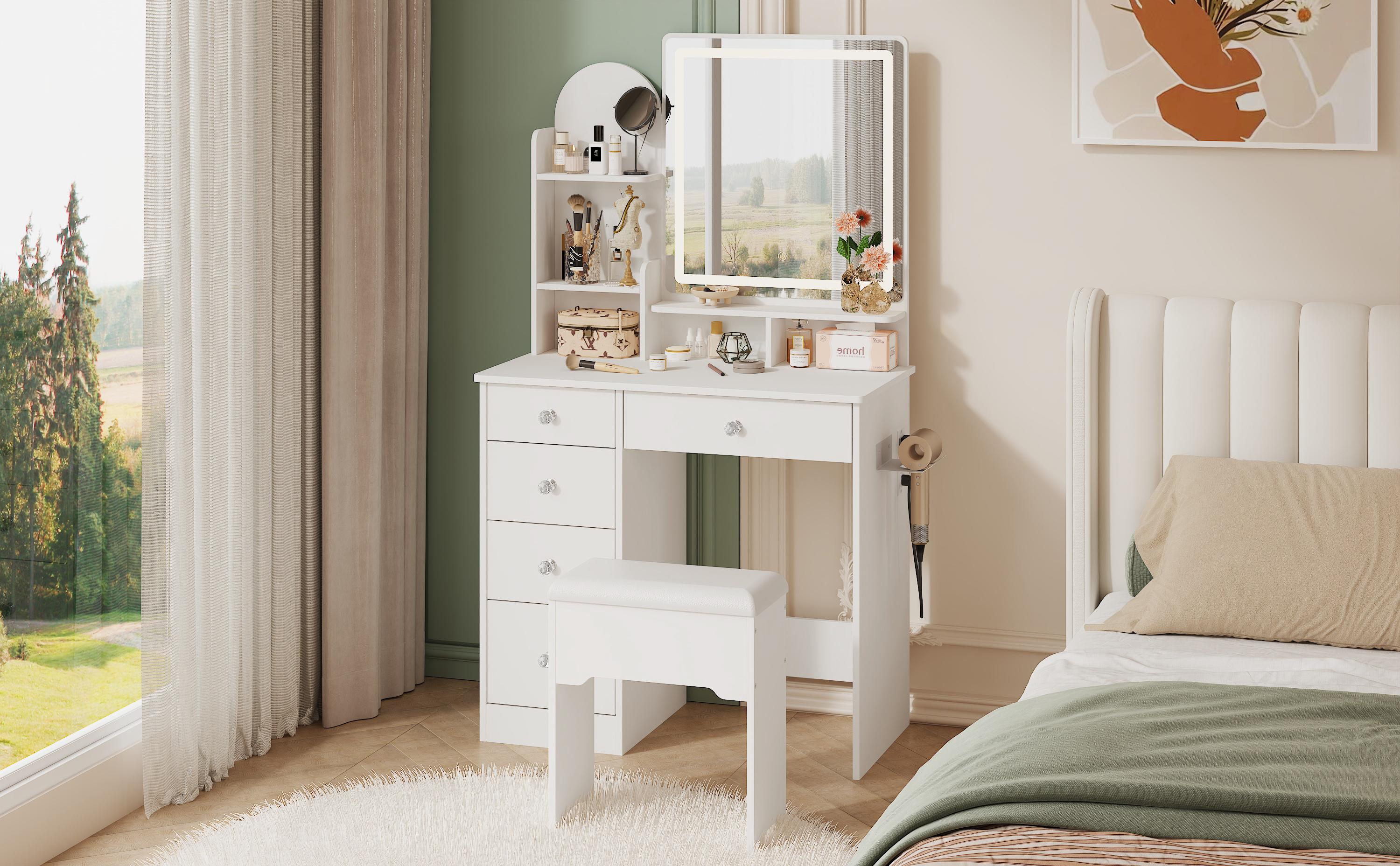 LIKIMIO Vanity Desk with Mirror & LED Light, Makeup Vanity Table with 5 Drawers, Power Outlet, and Vanity Stool, 3 Lighting Colors, Dressing Table for Bedroom