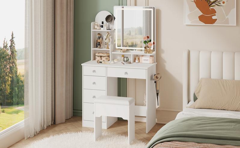 LIKIMIO Vanity Desk with Mirror & LED Light, Makeup Vanity Table with 5 Drawers, Power Outlet, and Vanity Stool, 3 Lighting Colors, Dressing Table for Bedroom LIKIMIO Vanity Desk with Mirror & LED Light, Makeup Vanity Table with 5 Drawers, Power Outlet, and Vanity Stool, 3 Lighting Colors, Dressing Table for Bedroom
