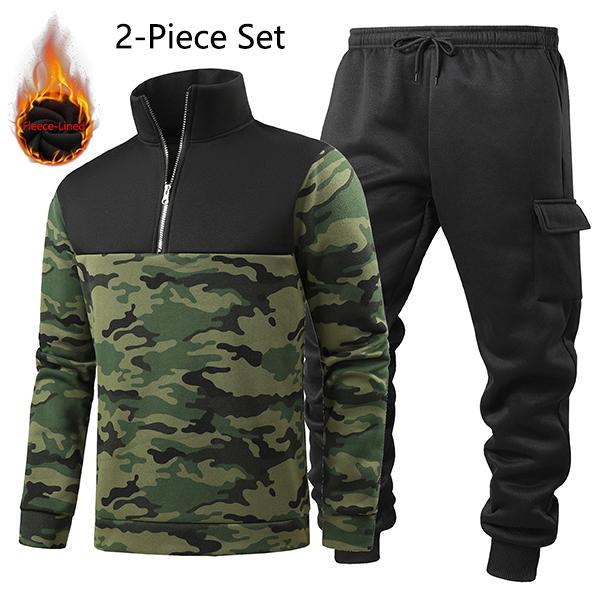 Men’s camouflage fleece-lined two-piece athletic set | 1/4 zip pullover and cargo jogger pants for winter wear