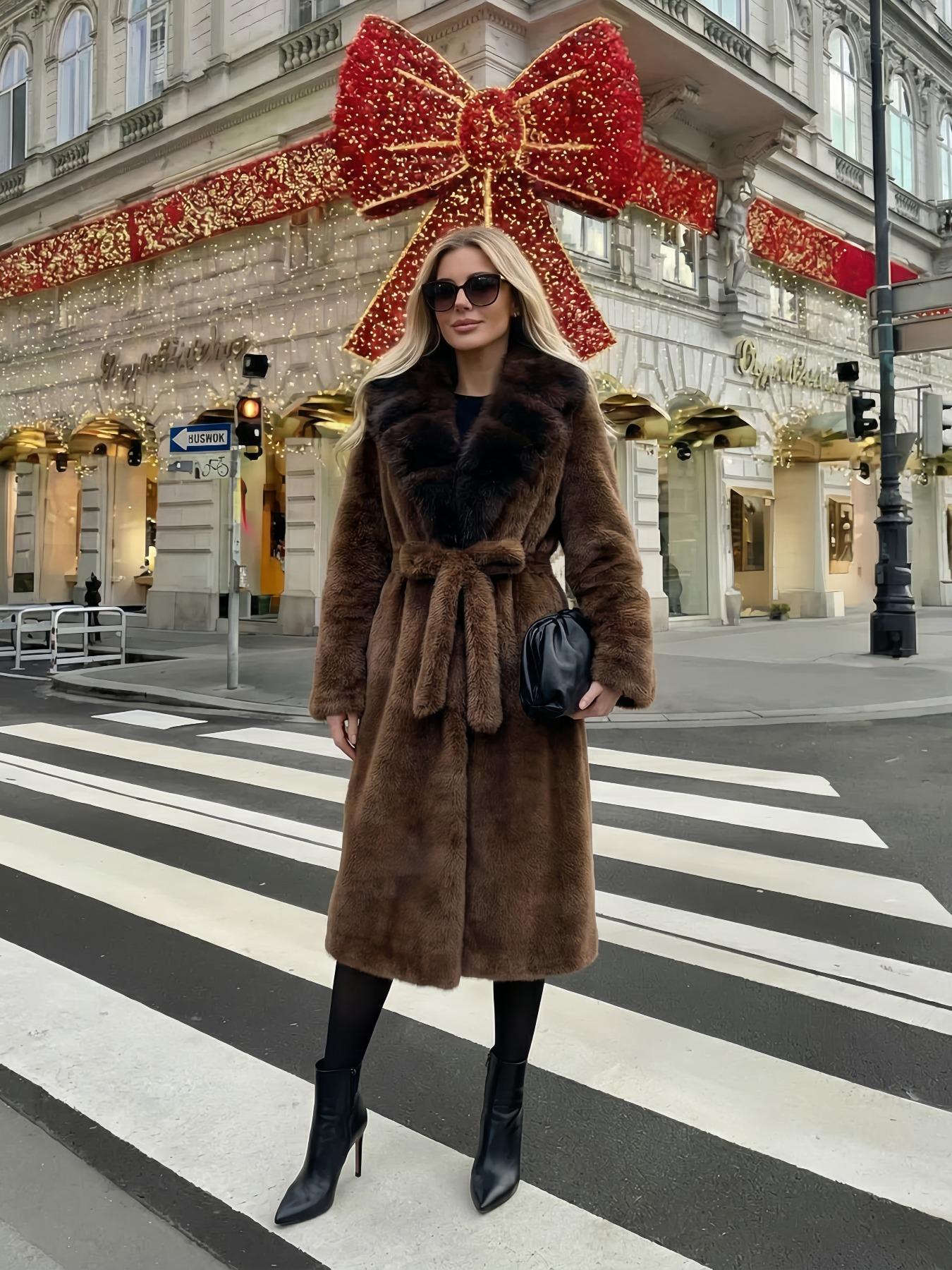 Women's Faux Fur Coat, Autumn Winter Chic Fashionable Long Sleeve Jacket, Elegant Thick Retro Loose Fit Medium-Length Outerwear