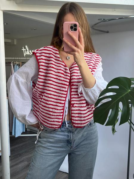 Women's Striped Lamb Wool Sleeveless Winter Warm Jacket, Round Neck Button Vest with Pockets, Casual Fitted H-type Design, Womenswear