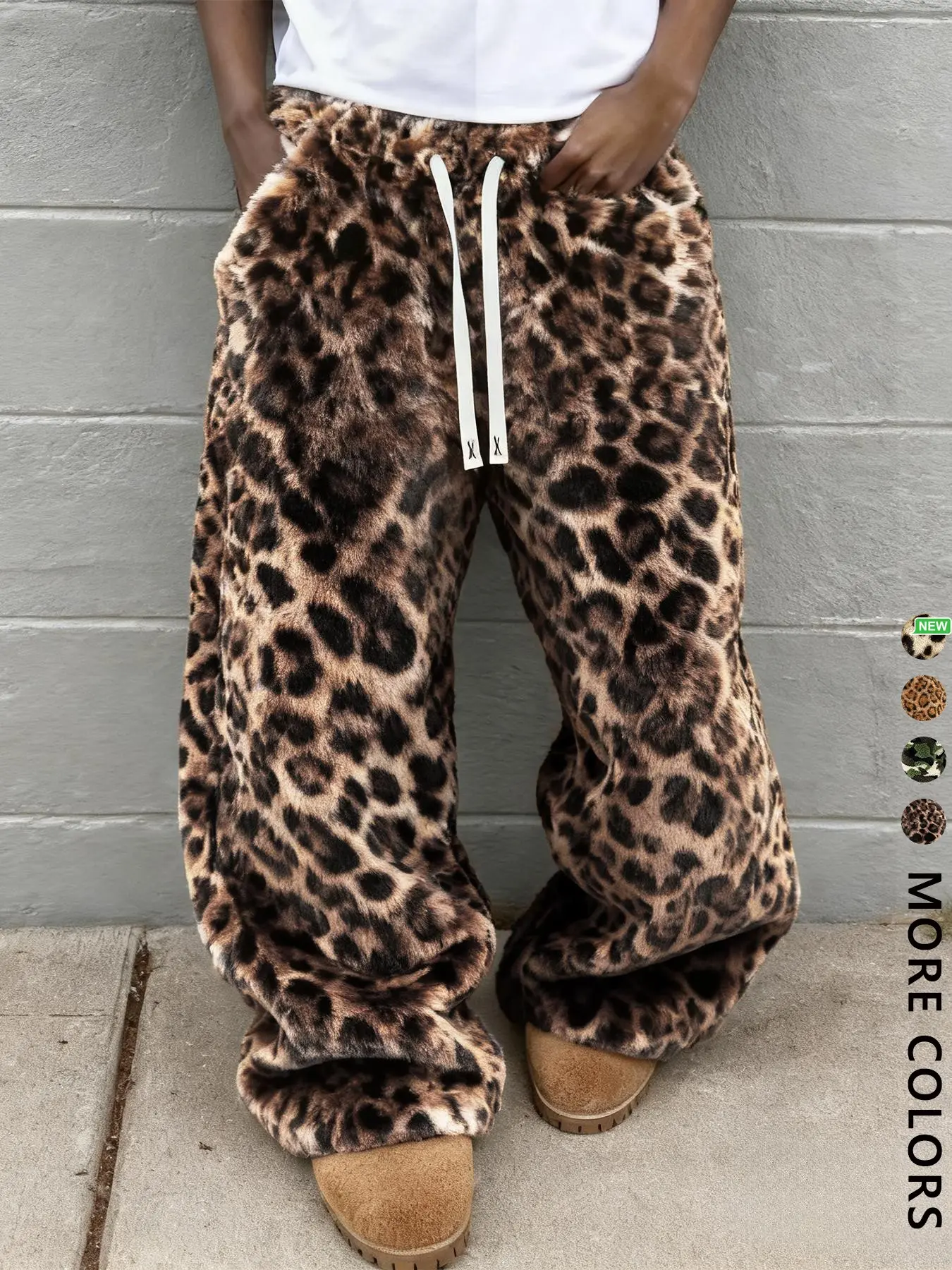 【Black Friday】Unisex Leopard Print Fleece Pants, Casual Bottoms, Soft Rabbit Fur Fabric, Fall Winter Warm Comfort, All Season Trousers, Street Hip Hop Style, Daily & Outdoor Wear, Streetwear, Casual Fitted Pants