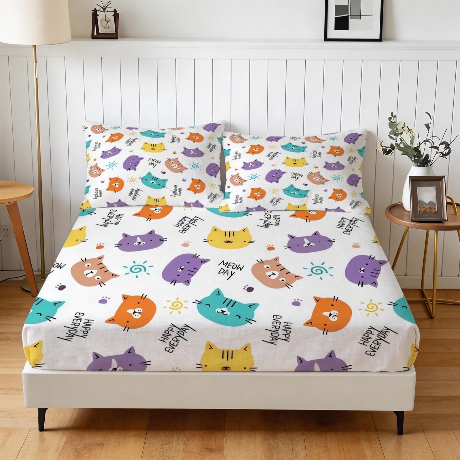 3 Piece Cute Cartoon Cat Fitted Sheet Set, 1 Fitted Sheet + 2 Pillowcases, Soft Skin-Friendly Kawaii Cat Meow Print Bedding, Ideal Gift for Cat Lovers Women Girls Teens Kids