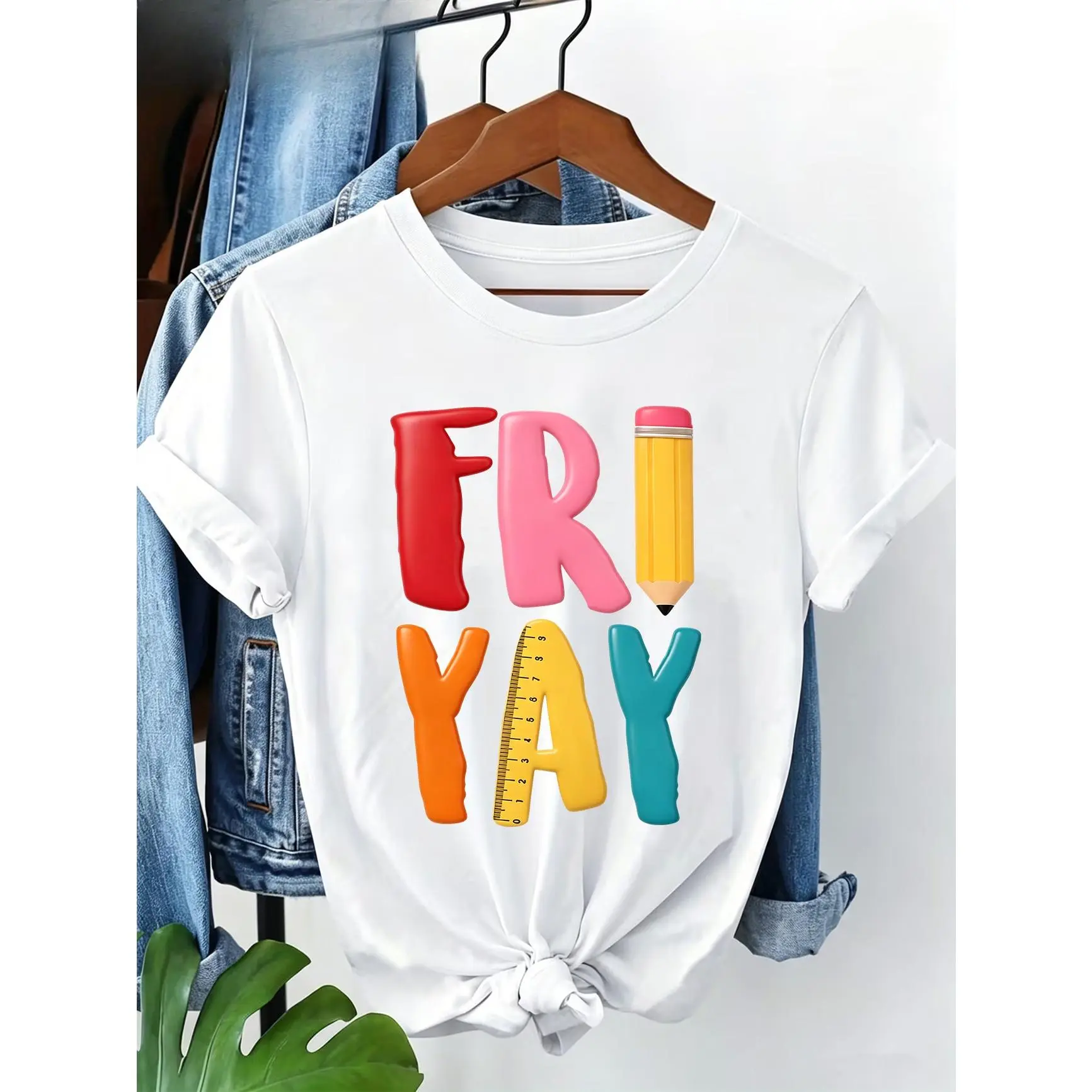 FriYay Pencil Ruler Teacher Graphic Oversized Cotton T‑Shirt, Cute School Outfit, Fashion Comfort Tee, Perfect Holiday Gift For Her, Best Present For Teacher Family Friends