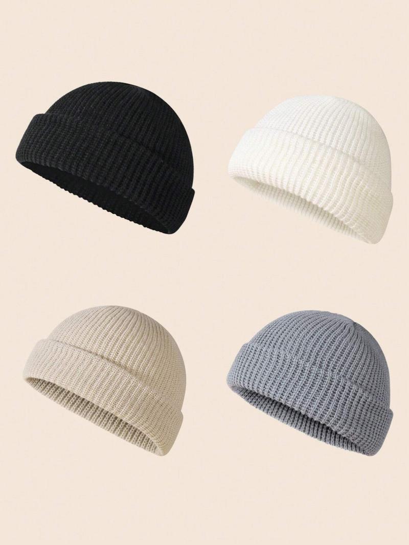 Men's Solid Color Beanie Set, Knit Style, Knitted Hat, Perfect for Fall & Winter Daily Wear, 4 Piece Pack, Casual Fashion Accessories